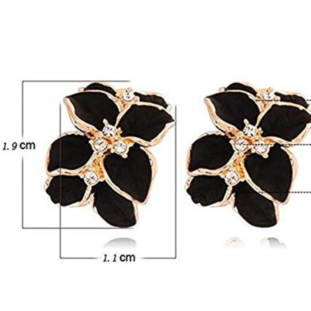 Black Enamel Floral Earrings w Rhinestone Accents - Picture 5 of 6